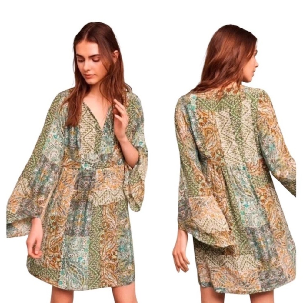 Anthropologie Floreat Amelie Paisley 100% Silk Bell Sleeve Swing Dress Sz 2 BOHO